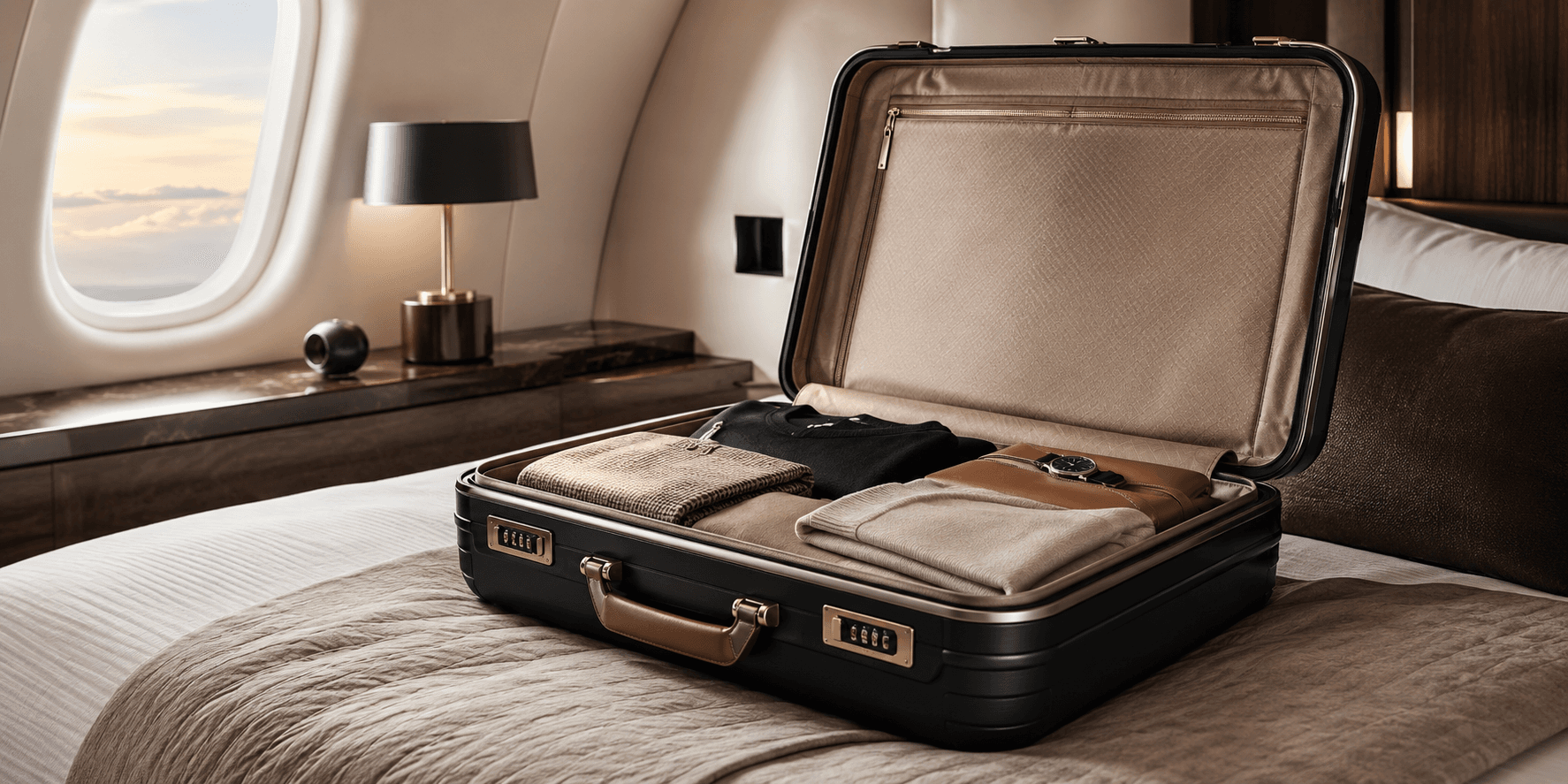 An open, neatly packed suitcase in a luxury aircraft cabin