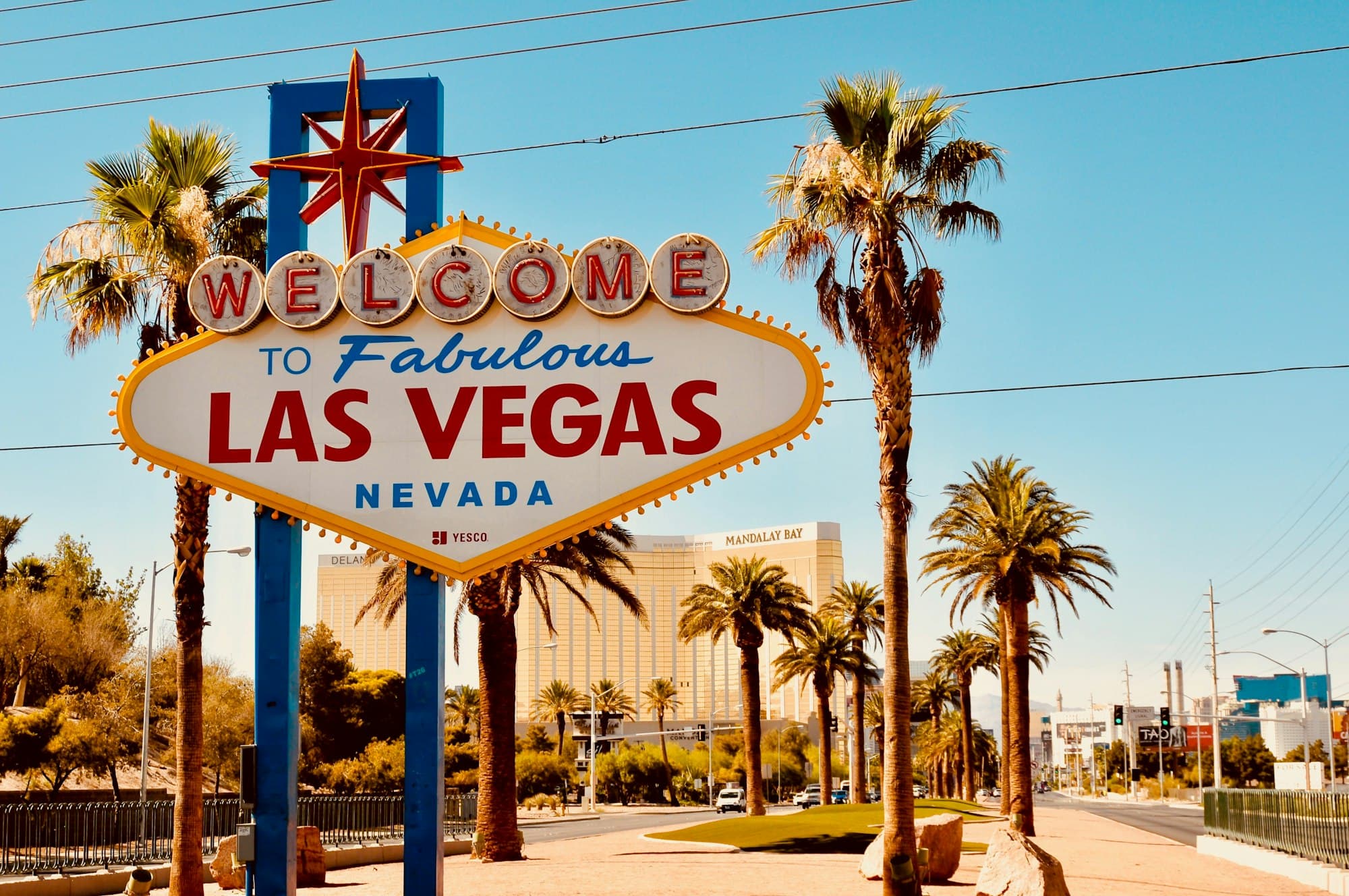Las Vegas Strip lit up at night with hotel neon signs